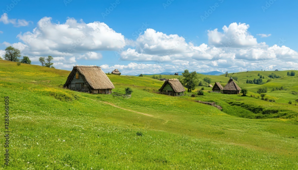 Rustic Thatched-Roof Houses on a Lush Green Hillside Under a Sunny Sky Rustic Thatched-Roof Houses on a Lush Green Hillside Under a Sunny Sky