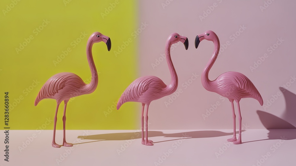 Obraz premium Flamingo toys in dynamic motion under sunny shadows with an optimistic color palette, presenting a simple yet creative composition, creating a bright and lively atmosphere