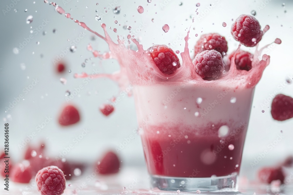 Raspberry juice splashing out of a cup onto a white background, creating blurred colored spots. Raspberry juice splashing out of a cup onto a white background, creating blurred colored spots.