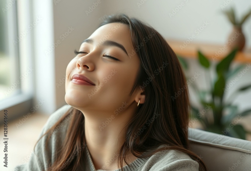 Photorealistic portrait of a young woman in blissful relaxation Photorealistic portrait of a young woman in blissful relaxation