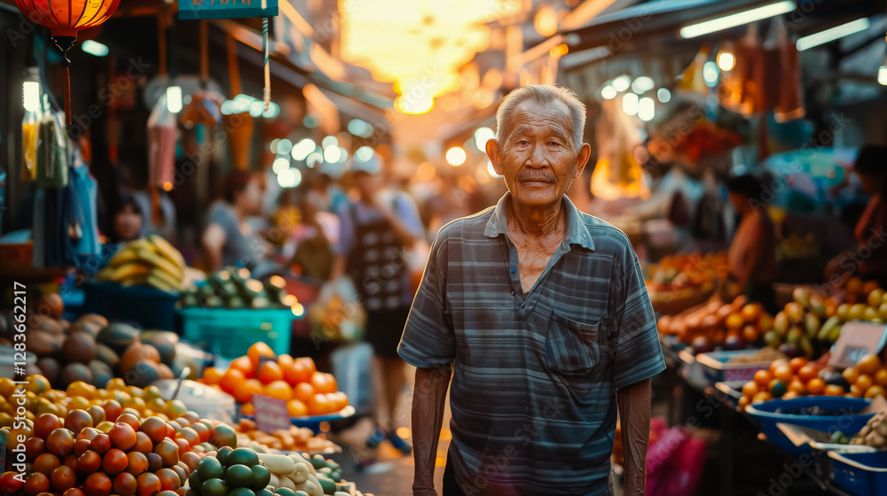 Obraz premium Man stands in front of a fruit stand with a crowd of people around him