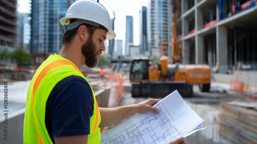 A construction professional, wearing a white hard hat and neon safety vest, examines the blueprints in his hand while overseeing an urban high-rise development. Heavy machinery ope A construction professional, wearing a white hard hat and neon safety vest, examines the blueprints in his hand while overseeing an urban high-rise development. Heavy machinery ope