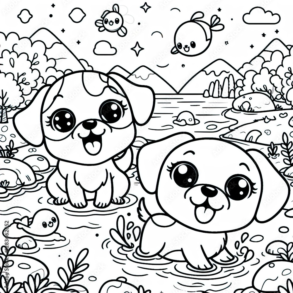 Obraz premium Coloring book Puppy pals playing in a stream! Cute line art, perfect for coloring or nature designs