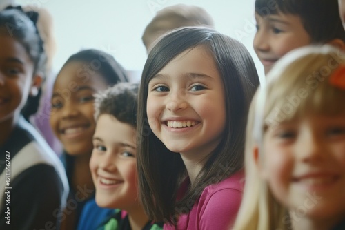 Happy children smiling together in a colorful classroom setting, showcasing diversity and joy, perfect for educational and family themes