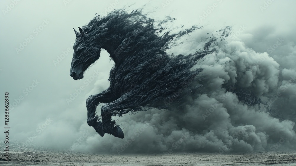 A dynamic, ethereal depiction of a horse emerging from swirling clouds. A dynamic, ethereal depiction of a horse emerging from swirling clouds.