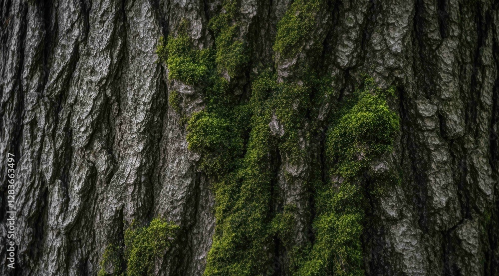 Close-up of textured tree bark with green moss accents. Close-up of textured tree bark with green moss accents.