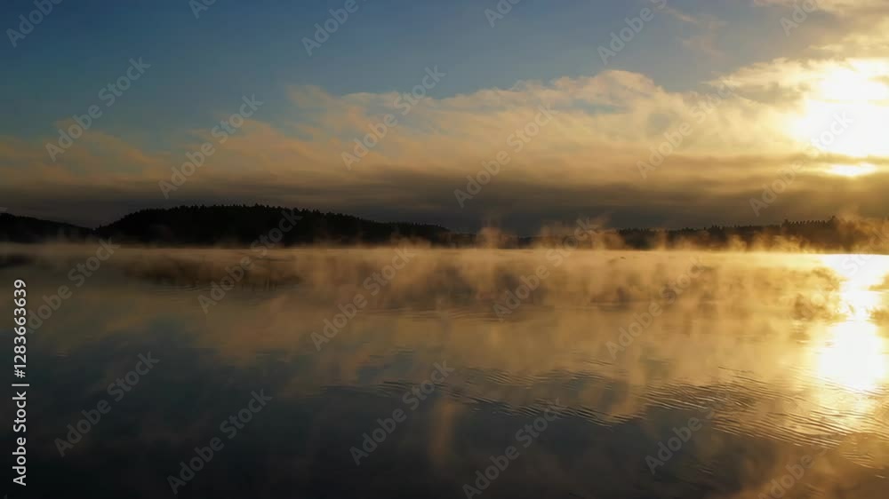 Serene sunrise over misty lake with reflections, surrounded by hills and gentle clouds Serene sunrise over misty lake with reflections, surrounded by hills and gentle clouds