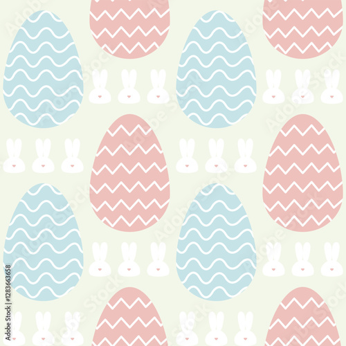 Colorful easter eggs and rabbit seamless pattern vector on light green background for easter holidays flat vector illustration. Doodle vector easter egg and bunny.