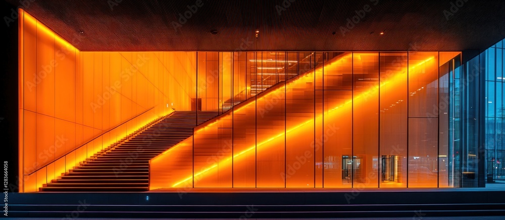 Obraz premium Illuminated Urban Architecture, A Modern Staircase with Warm Orange Lights