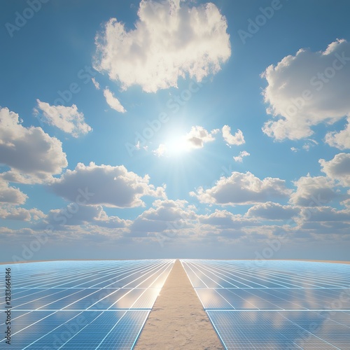 Solar Panel Farm Under Blue Sky with Sunbeams