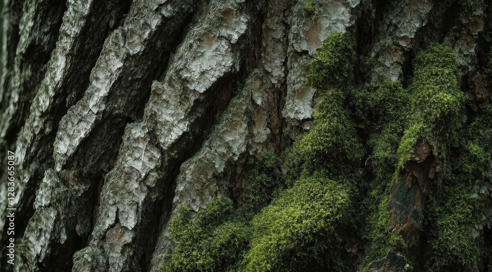 Close-up of textured tree bark with green moss details. Close-up of textured tree bark with green moss details.