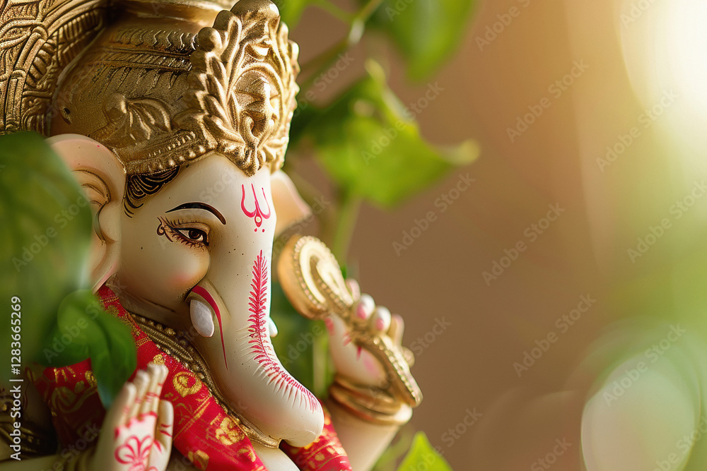 Fototapeta premium close up of Ganesha statue, holding red cloth in hand and wearing traditional Indian with gold border on brown background