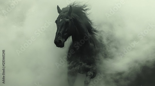 A powerful black horse emerges from swirling mist, creating a dramatic and ethereal scene.