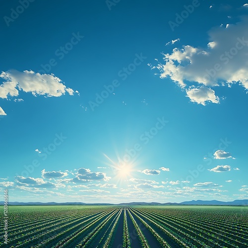 Solar Panel Farm Under Blue Sky with Sunbeams