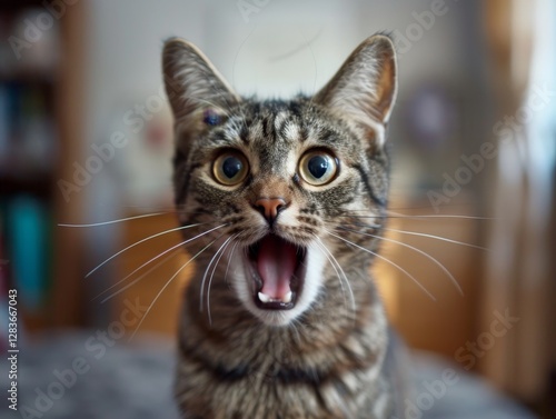 surprised striped grey cat portrait close up screaming