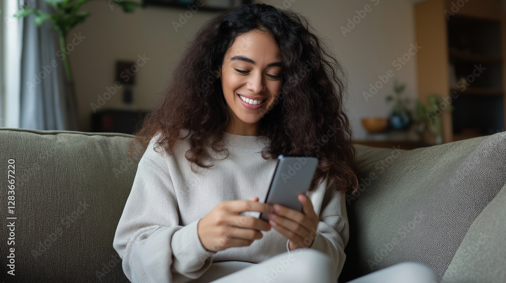 A cheerful young Hispanic woman relaxes on a plush sofa in her living room, scrolling through her smartphone to shop online. She smiles as she explores her favorite e-commerce webs A cheerful young Hispanic woman relaxes on a plush sofa in her living room, scrolling through her smartphone to shop online. She smiles as she explores her favorite e-commerce webs