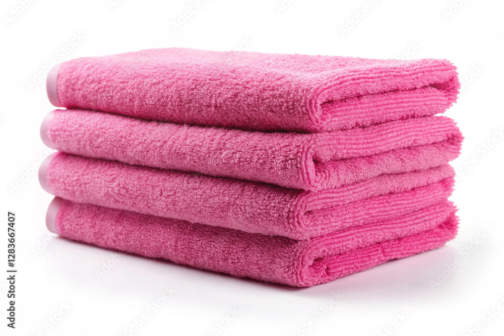 Stacked Pink Towels: A stack of four clean and fluffy pink towels, perfectly folded and arranged, offering a visual representation of cleanliness and comfort. Stacked Pink Towels: A stack of four clean and fluffy pink towels, perfectly folded and arranged, offering a visual representation of cleanliness and comfort.