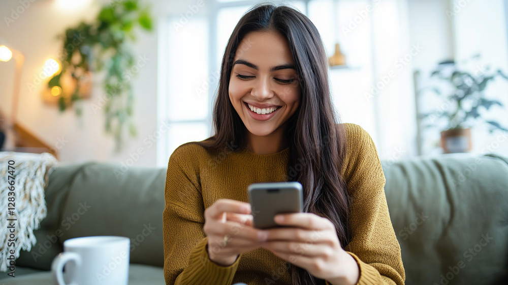 A relaxed young Hispanic woman smiles as she scrolls through fashion e-commerce apps on her smartphone. She's dressed casually, sitting comfortably in her living room with a mug of A relaxed young Hispanic woman smiles as she scrolls through fashion e-commerce apps on her smartphone. She's dressed casually, sitting comfortably in her living room with a mug of