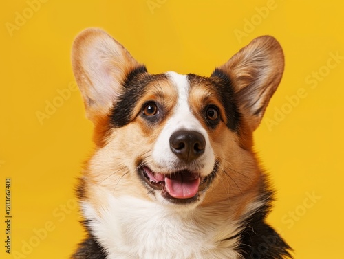Portrait of friendly corgi on yellow background copyspace