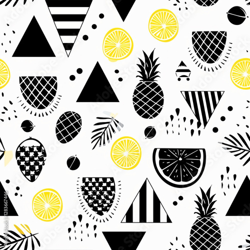 Geometric seamless pattern with black triangles, pineapple, lemons on white background. Minimalist graphic style for textile, print, wallpaper