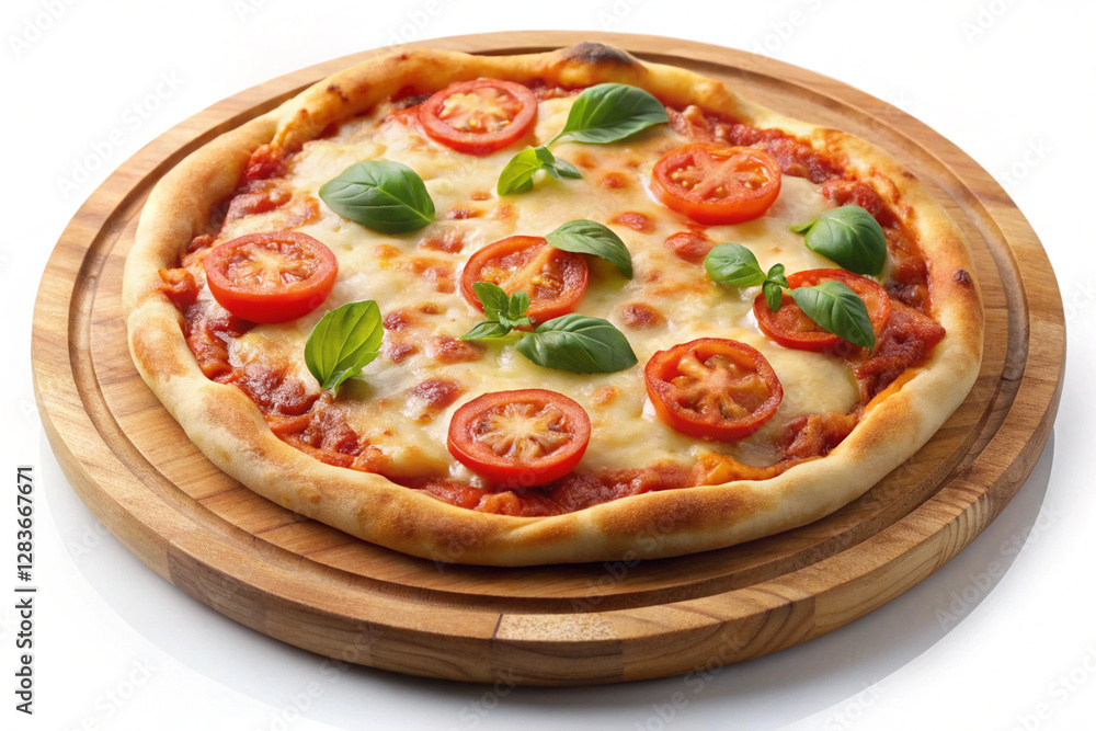 Pizza Delight: A perfectly cooked pizza with a rich tomato sauce base, adorned with fresh mozzarella, juicy sliced tomatoes, and fragrant basil leaves, presented on a rustic wooden board. Pizza Delight: A perfectly cooked pizza with a rich tomato sauce base, adorned with fresh mozzarella, juicy sliced tomatoes, and fragrant basil leaves, presented on a rustic wooden board.