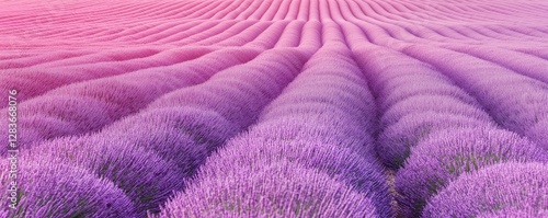 Lavender plants create beautiful patterns in a field showing rich purple textures that ripple gently across the landscape under soft evening light