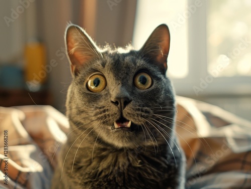 surprised grey cat portrait close up