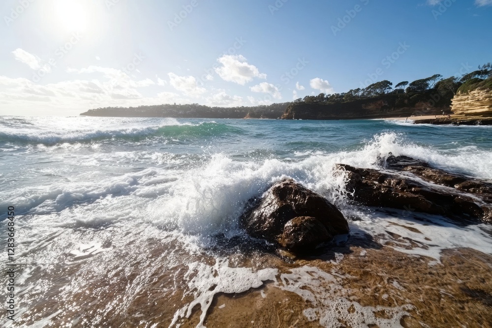 Splashes from waves in the ocean covering rocks on the shore. Splashes from waves in the ocean covering rocks on the shore.
