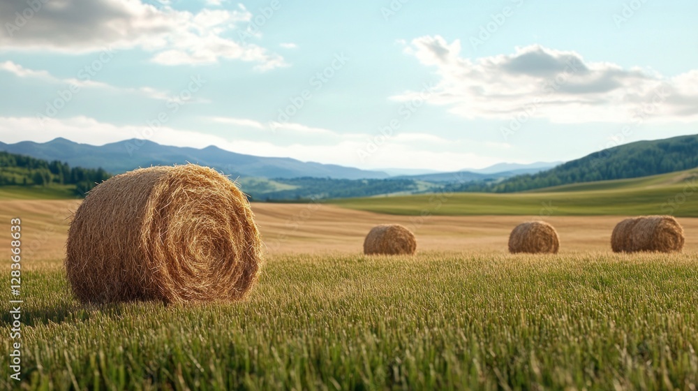 Golden hay bales are arranged in a vast agricultural field bathed in sunlight Golden hay bales are arranged in a vast agricultural field bathed in sunlight