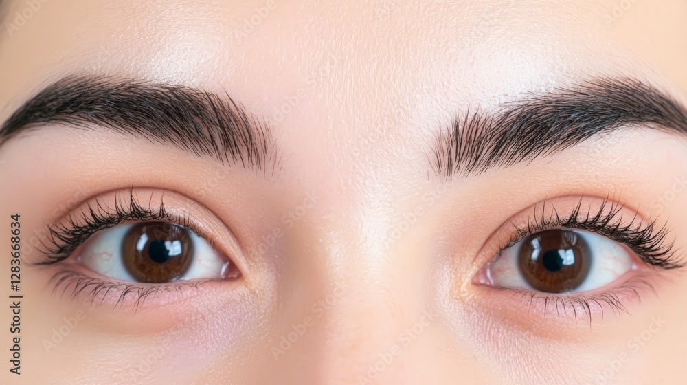 Obraz premium Close up view of stunning female eyes featuring long eyelashes and perfectly shaped eyebrows, reflecting healthy vision and glowing skin after a cosmetic treatment