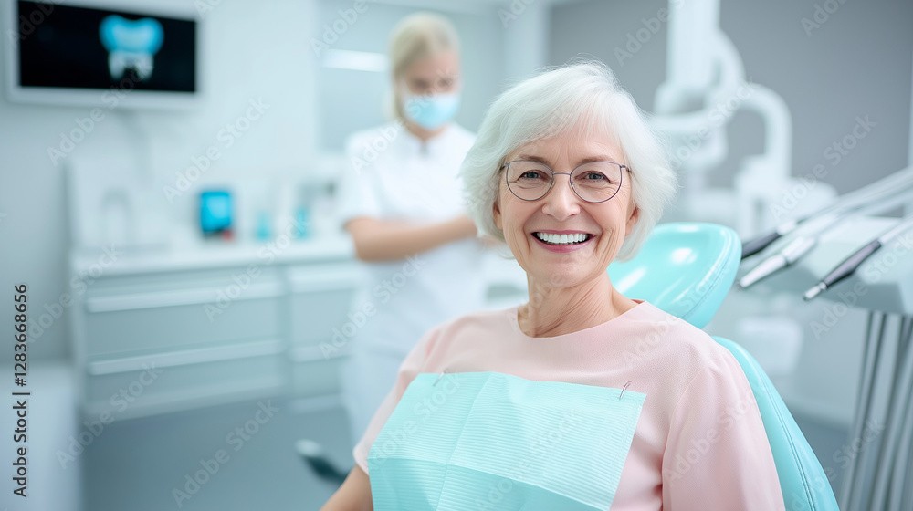 A cheerful elderly woman sits in a dental chair, her bright smile showing confidence in her dental care. The dental office is clean and modern, with a dental professional visible i A cheerful elderly woman sits in a dental chair, her bright smile showing confidence in her dental care. The dental office is clean and modern, with a dental professional visible i