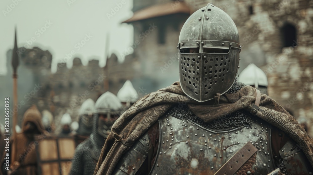 Medieval knight in helmet and armor with army and castle. Cinematic historical warfare concept Medieval knight in helmet and armor with army and castle. Cinematic historical warfare concept