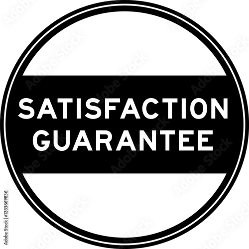 Black color round seal sticker in word satisfaction guarantee on white background