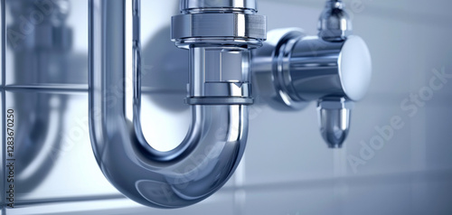 Shiny chrome plumbing pipe and fixture against tiled wall. photo