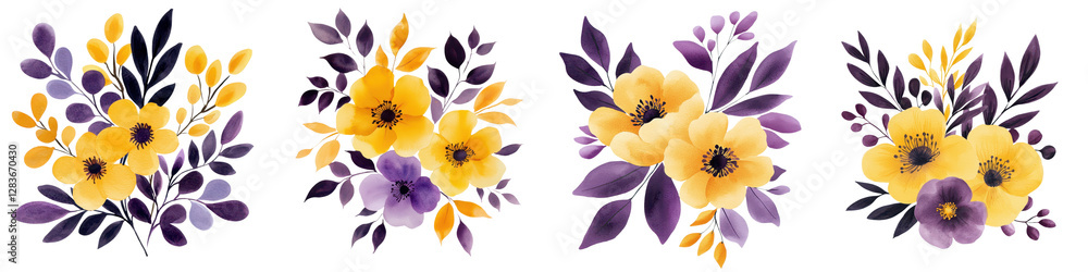 Obraz premium Vibrant floral arrangements featuring beautiful yellow and purple blooms with lush foliage creating a stunning abstract botanical design perfect for spring and summer backgrounds decor and