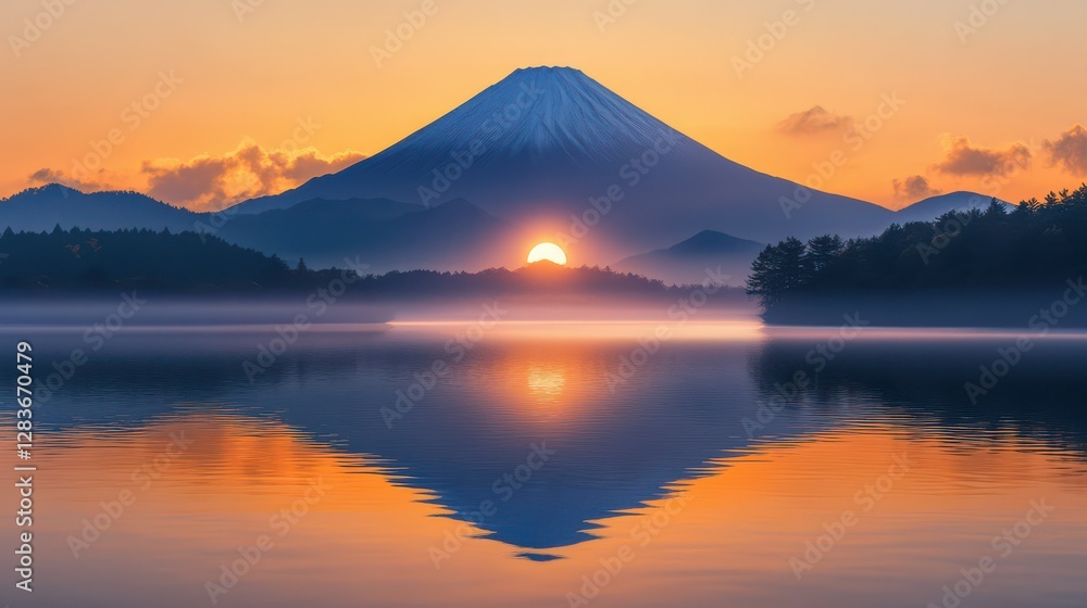 Mount fuji sunrise reflection over tranquil lake in serene landscape Mount fuji sunrise reflection over tranquil lake in serene landscape