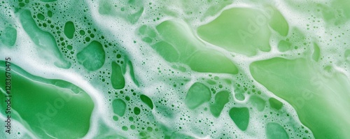 This textured background showcases a vibrant green algae composition with bubbles and fluid patterns. The abstract design offers ample copy space for creative projects enhancing visual appeal