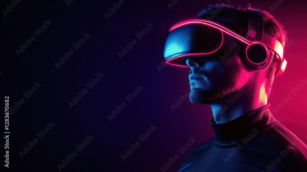 Young caucasian male immersed in virtual reality with neon lighting Young caucasian male immersed in virtual reality with neon lighting
