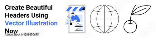 Shopfront graphic with designer sketching, globe outline, and growing plant imagery. Ideal for business, creativity, sustainability, branding, e-commerce global reach and eco-innovation. Flat