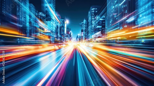 Futuristic city traffic at night with light trails  modern urban landscape