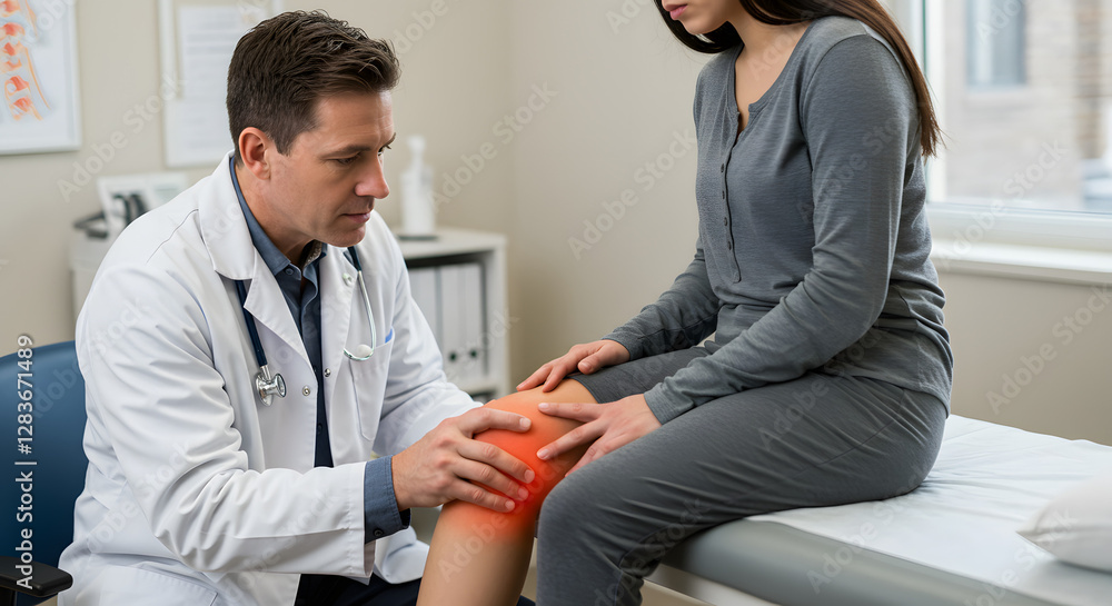 Obraz premium Doctor examining female patient’s injured knee during consultation in medical office