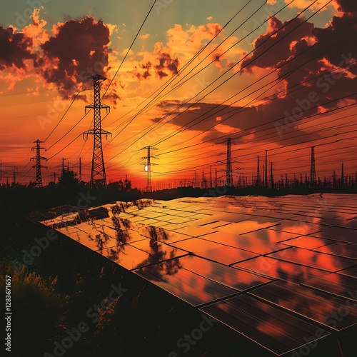Sunset Solar Panels with Power Lines: Sustainable Energy and Renewables