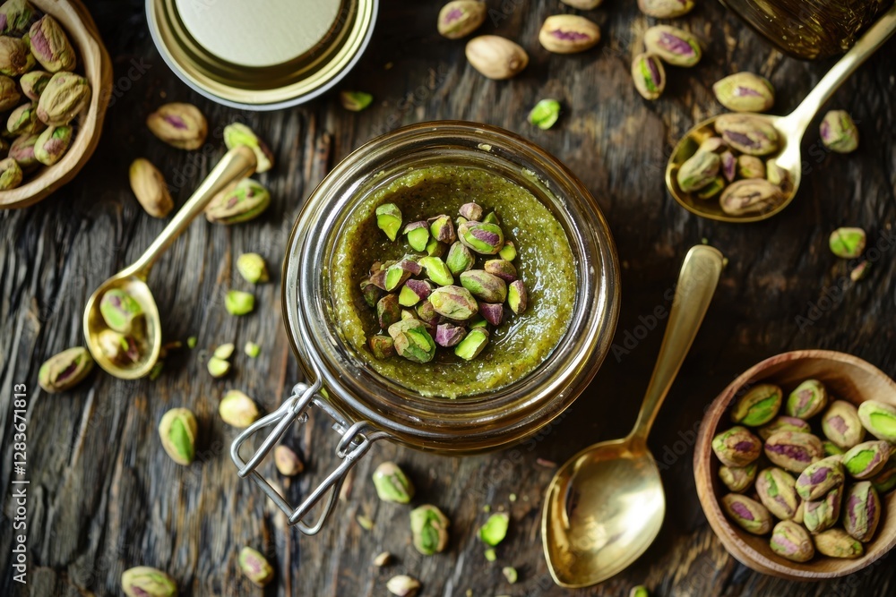 Overhead view of a jar of homemade pistachio butter, garnished with chopped pistachios and golden spoons, placed on a rustic wooden surface with scattered nuts, showcasing culinary artistry. Overhead view of a jar of homemade pistachio butter, garnished with chopped pistachios and golden spoons, placed on a rustic wooden surface with scattered nuts, showcasing culinary artistry.