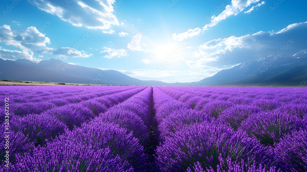 Obraz premium Expansive Lavender Field in Full Bloom Under a Bright Blue Sky – Generative AI