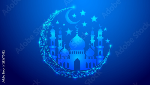 Low Poly Ramadan Mubarak Crescent Moon Illustration with Blue Glowing Geometric 3D Artwork Holy Time