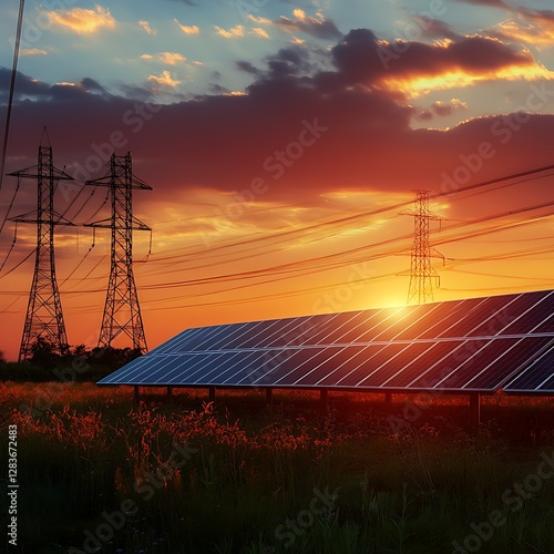 Sunset Solar Panels with Power Lines: Sustainable Energy and Renewables