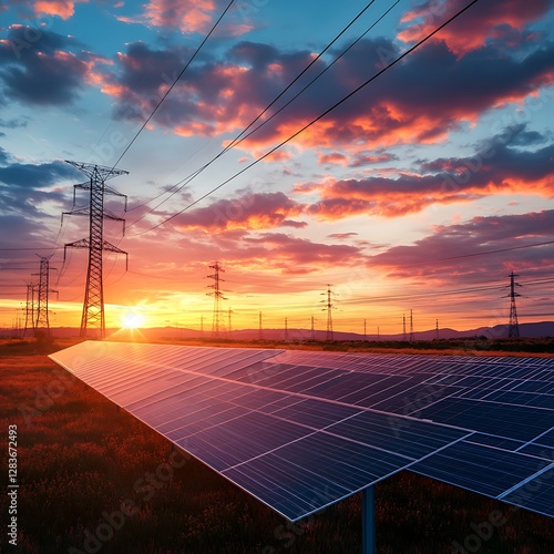 Sunset Solar Panels with Power Lines: Sustainable Energy and Renewables