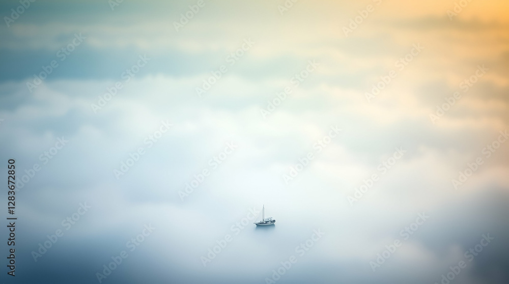 A small boat floating among fluffy clouds A small boat floating among fluffy clouds