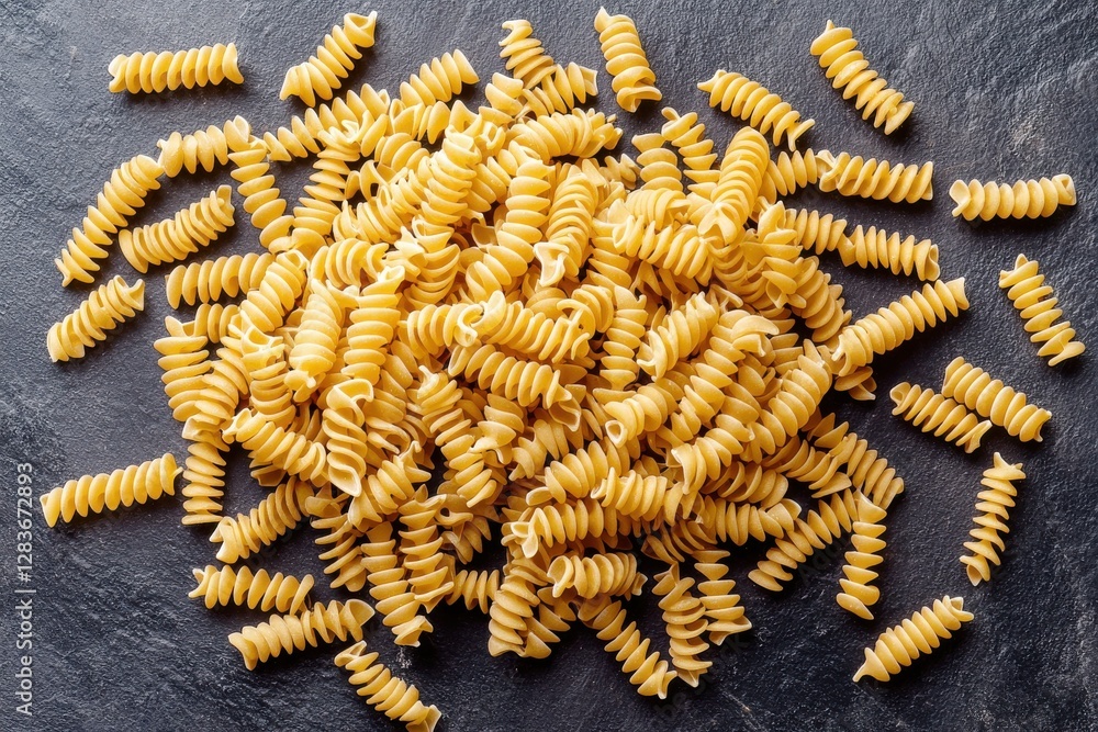 Close-up of a pile of uncooked rotini pasta on a dark surface, showcasing the spiral shape and texture of the durum wheat semolina, perfect for food photography. Close-up of a pile of uncooked rotini pasta on a dark surface, showcasing the spiral shape and texture of the durum wheat semolina, perfect for food photography.