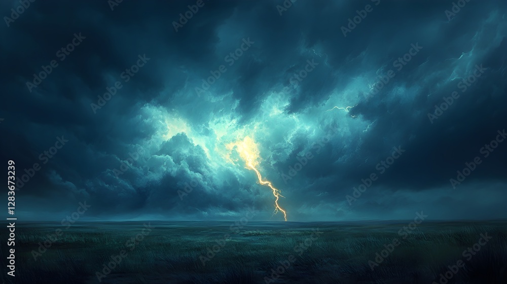 Fototapeta premium Dramatic Lightning Storm Illuminating a Vast Prairie Landscape